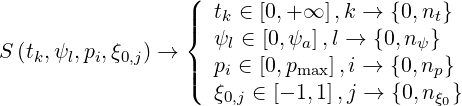                  (|  t  ∈ [0,+ ∞ ],k → {0,nt}
                 |{  ψk ∈ [0,ψ  ],l → {0,n }
S(tk,ψl,pi,ξ0,j) →      l      a          ψ
                 ||(  pi ∈ [0,pmax],i → {0,np}
                    ξ0,j ∈ [- 1,1],j → {0,nξ0}
