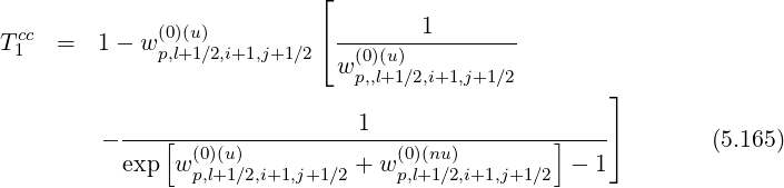                            ⌊
                                    1
Tc1c  =  1 - w(p0,l)(+u1)∕2,i+1,j+1∕2⌈ -(0)(u)----------
                             wp,,l+1∕2,i+1,j+1∕2
                                                    ⌋
          --------------------1---------------------
        -     [ (0)(u)             (0)(nu)        ]    ⌉        (5.165)
          exp  wp,l+1∕2,i+1,j+1∕2 + w p,l+1∕2,i+1,j+1∕2 - 1
