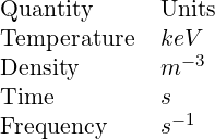 Quantity      Units
Temperature   keV
Density       m -3
Time          s
               -1
Frequency     s
