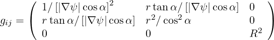      (                                             )
        1∕ [|∇ψ |cosα]2      rtan α∕[|∇ ψ |cos α] 0
gij = ( rtan α∕ [|∇ψ |cosα]  r2∕cos2α           0   )
        0                   0                  R2
